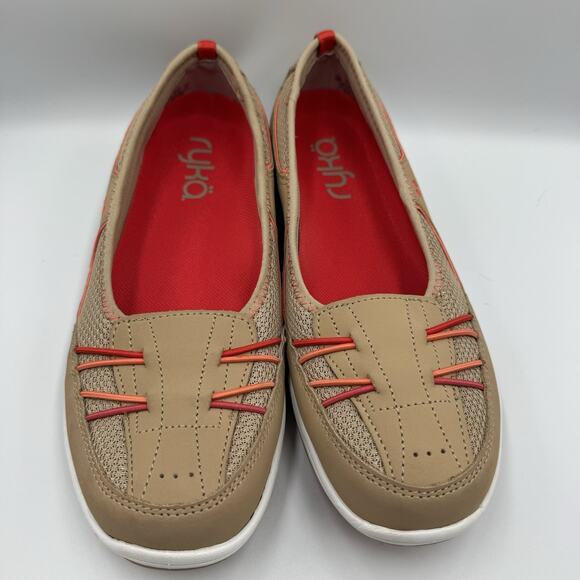 Ryka Tang Slip On Comfort Shoes Leather Upper Tan/Red Loafers Flats Size 10M - Picture 1 of 8